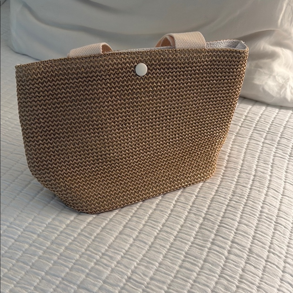 Tan Woven Tote with Basket-Weave Texture